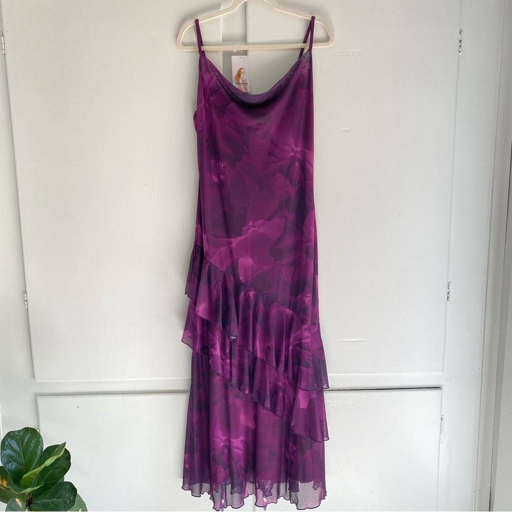 Pretty Garden Purple Space Dyed Flowy Movement Drape Maxi Slip Dress Ruffle Tier